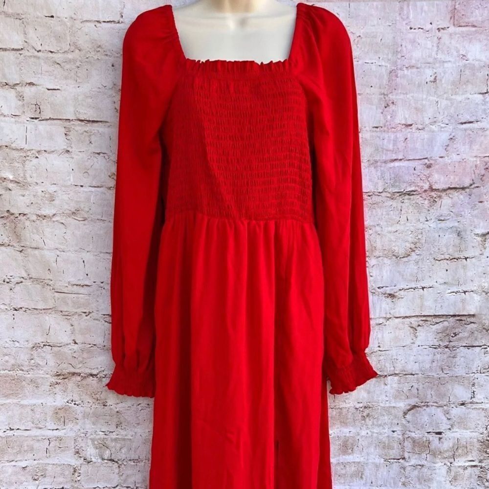 LA Ligne Smocked Bodice Midi Red Dress 4X Christmas Holiday Women's NWT - Picture 6 of 11